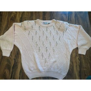 Vtg Dana Scott Rhinestone Dangle Embellished Sweater Pink Silver Sz M